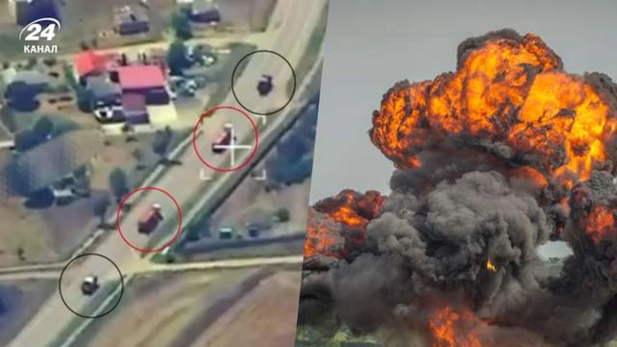 Скриншот з відео Роберта «Мадяра» Бровді про ураження колони бензовозів у Приморську