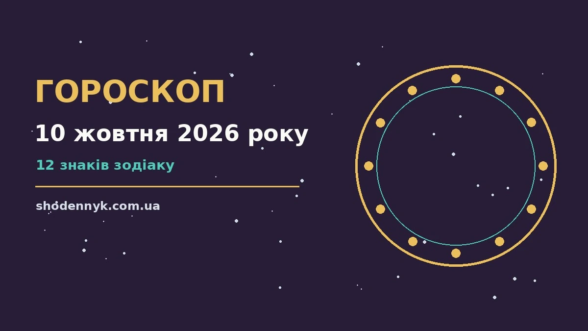 Астрологічний гороскоп на 10 жовтня 2026 року з символами знаків Зодіаку і нотатками про фінанси та стосунки