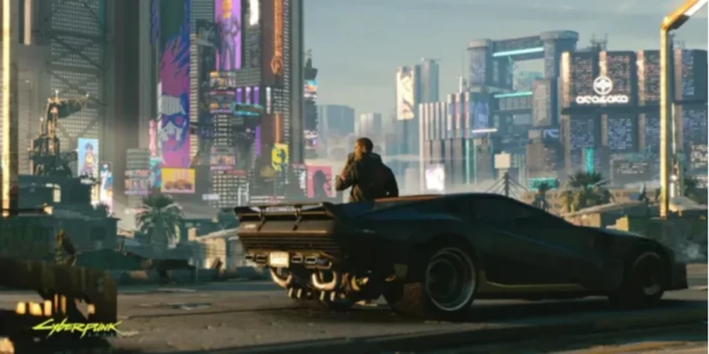 Логотип Cyberpunk 2077 на тлі неонових хмарочосів Найт Сіті